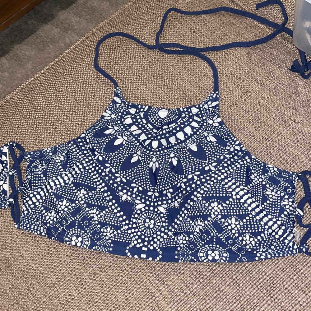 White and blue halter top swimsuit